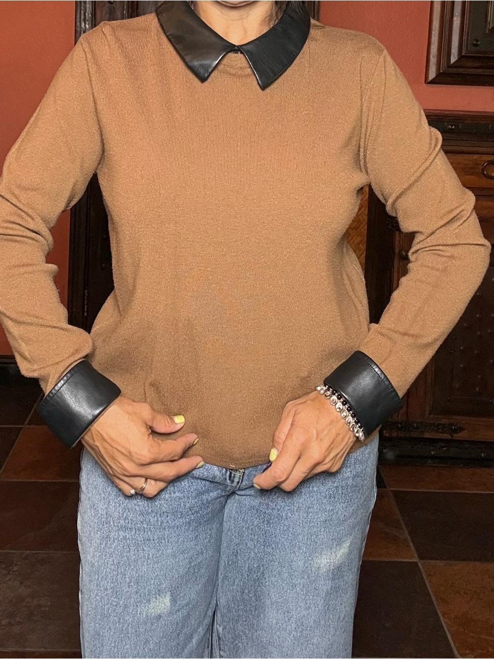 Woman’sCamel Sweater with Black Faux Leather Collar & Cuffs